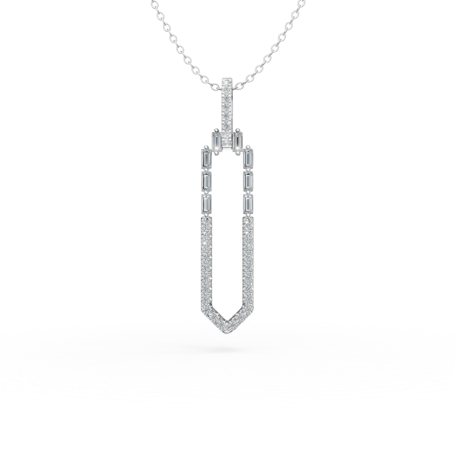 Teilor Lant cu pandantiv geometric din aur alb cu diamante baguette si rotunde de 0.52ct