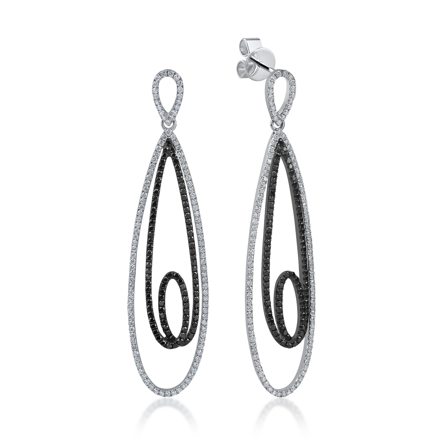 Дълги обеци от бяло и черно злато с черни и прозрачни диаманти 2.21кт