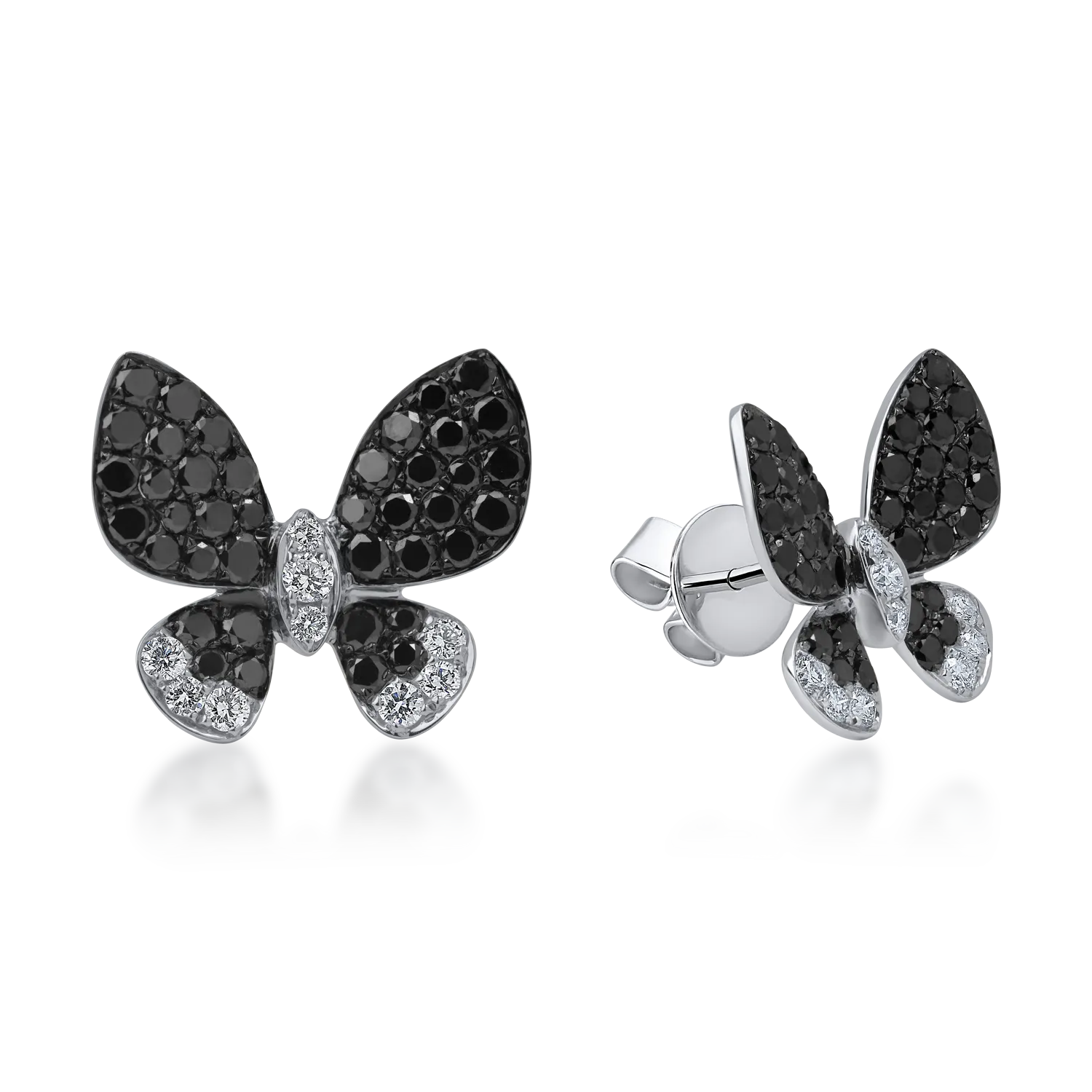 Обеци пеперуда от бяло и черно злато с прозрачни диаманти 0.34кт и черни диаманти 1.43кт