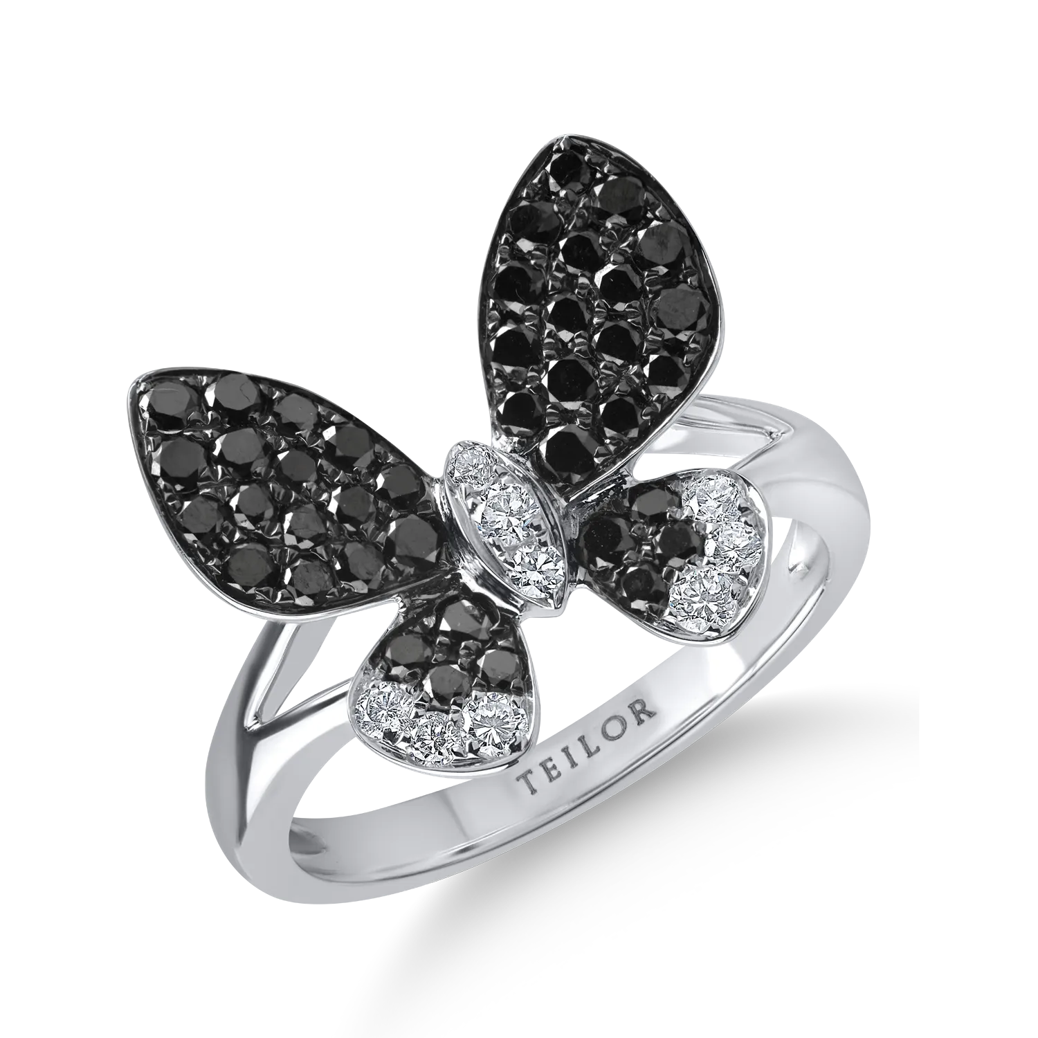 White and black gold butterfly ring with clear diamonds 0.16ct and black diamonds 0.68ct-201094