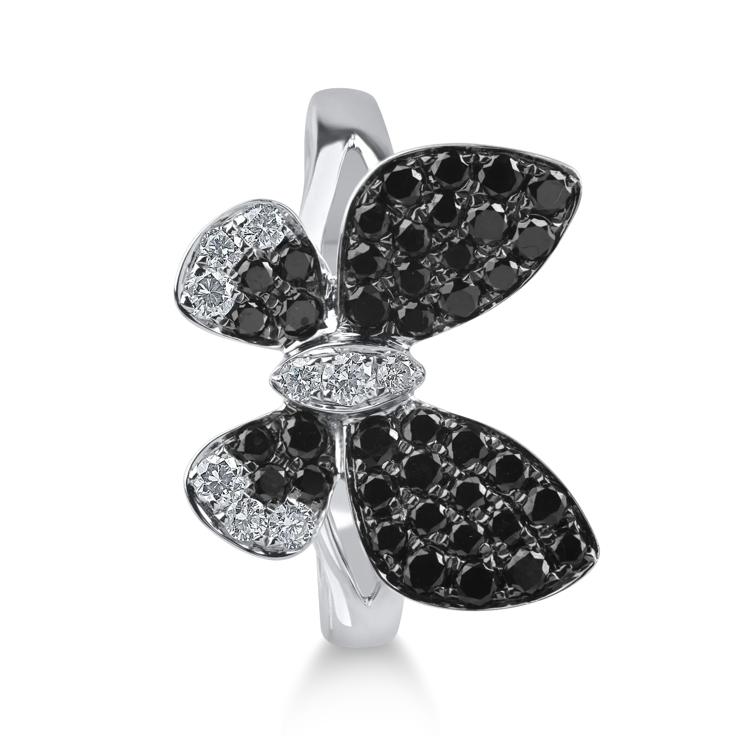 White and black gold butterfly ring with clear diamonds 0.16ct and black diamonds 0.68ct
