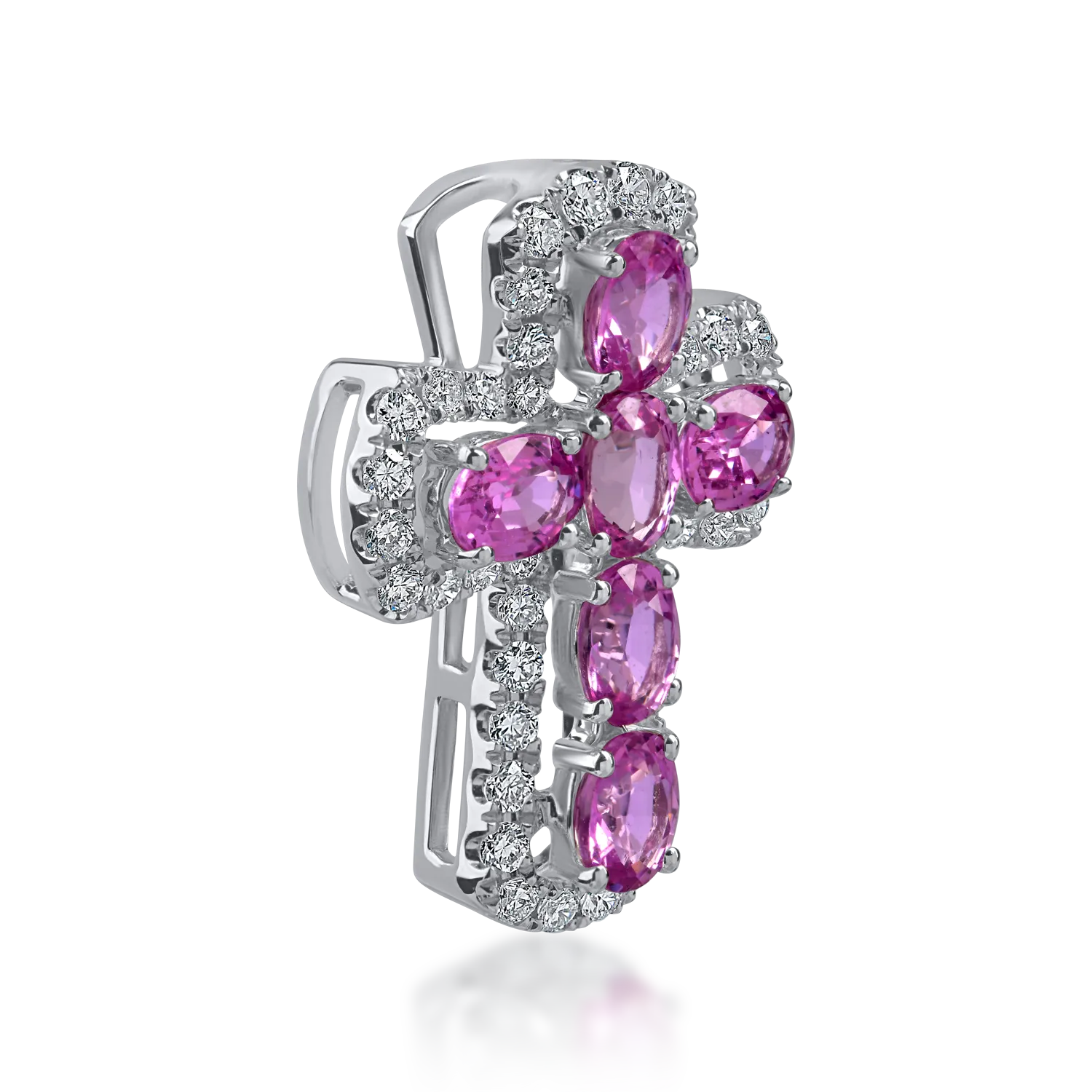 Pandantiv cruce din aur alb cu safire roz ovale de 1.45ct si diamante de 0.34ct - imagine 2