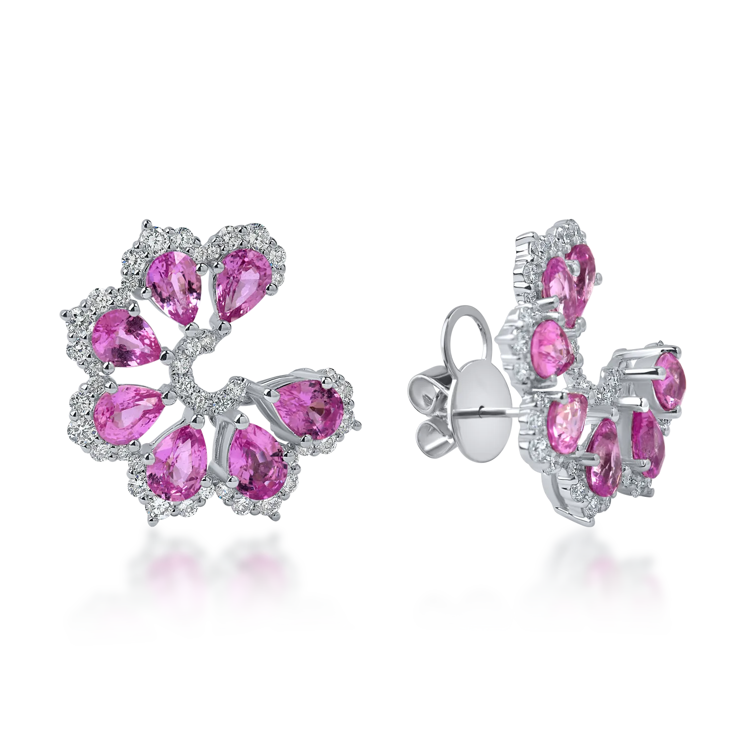 Cercei florali din aur alb cu safire roz pear de 2.61ct si diamante de 0.57ct