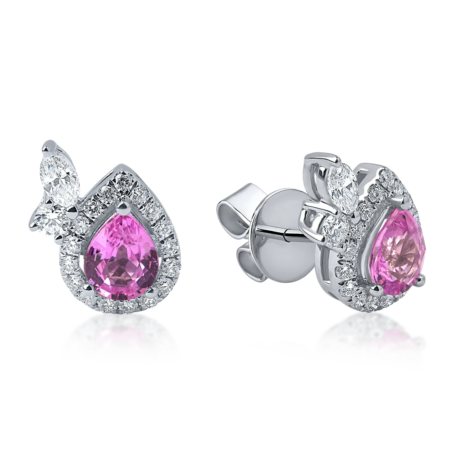 Cercei lacrima din aur alb cu safire roz pear de 0.83ct si diamante de 0.34ct