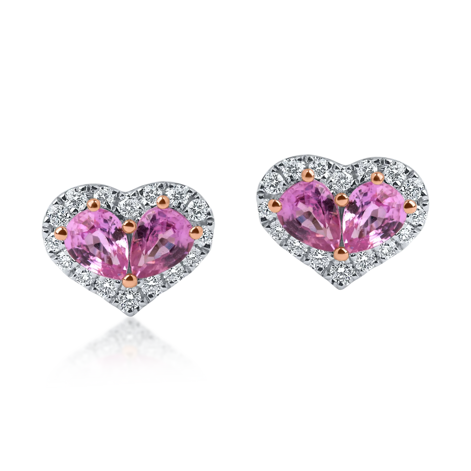 Cercei inimi din aur alb-roz cu safire roz pear de 0.7ct si diamante de 0.17ct - imagine 2