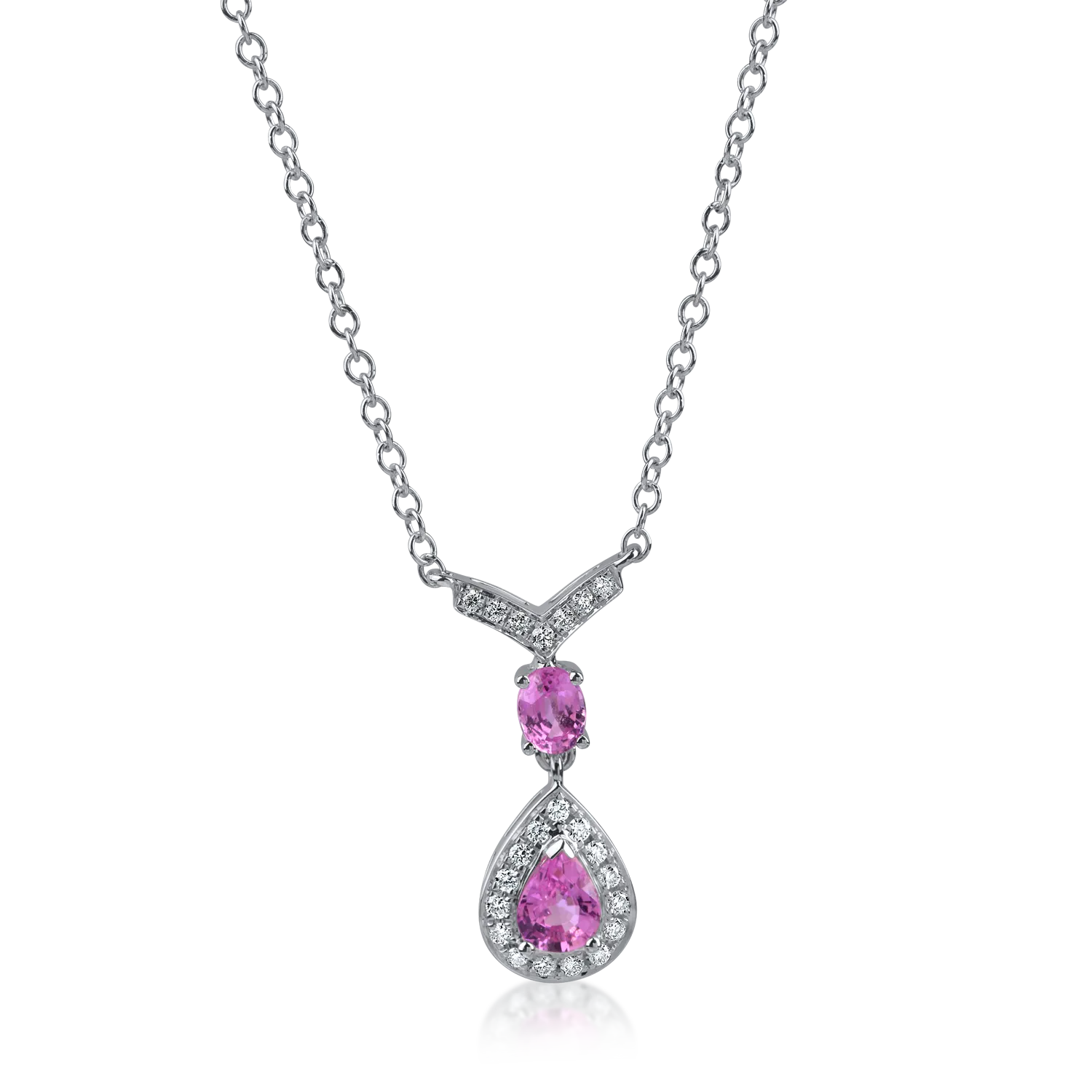 Lant cu pandantiv lacrima din aur alb cu safire roz pear si oval de 0.57ct si diamante de 0.11ct