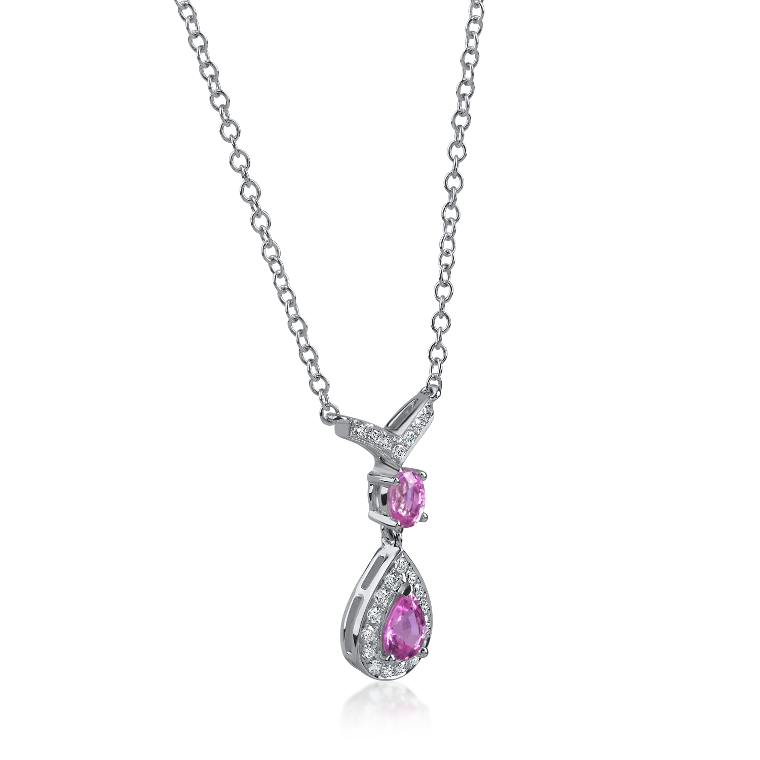 Lant cu pandantiv lacrima din aur alb cu safire roz pear si oval de 0.57ct si diamante de 0.11ct - imagine 2