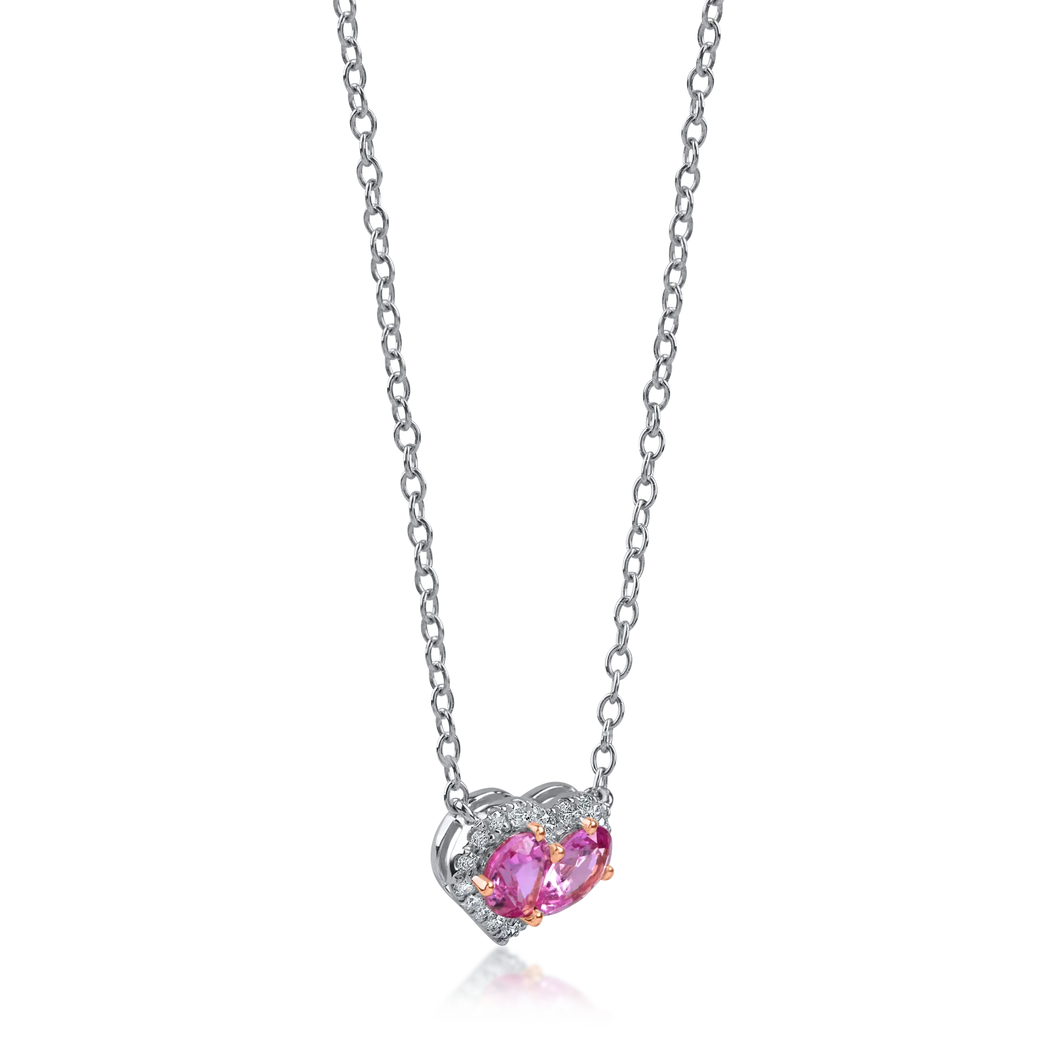 Lant cu pandantiv inima din aur alb-roz cu safire roz pear de 0.63ct si diamante de 0.12ct - imagine 2
