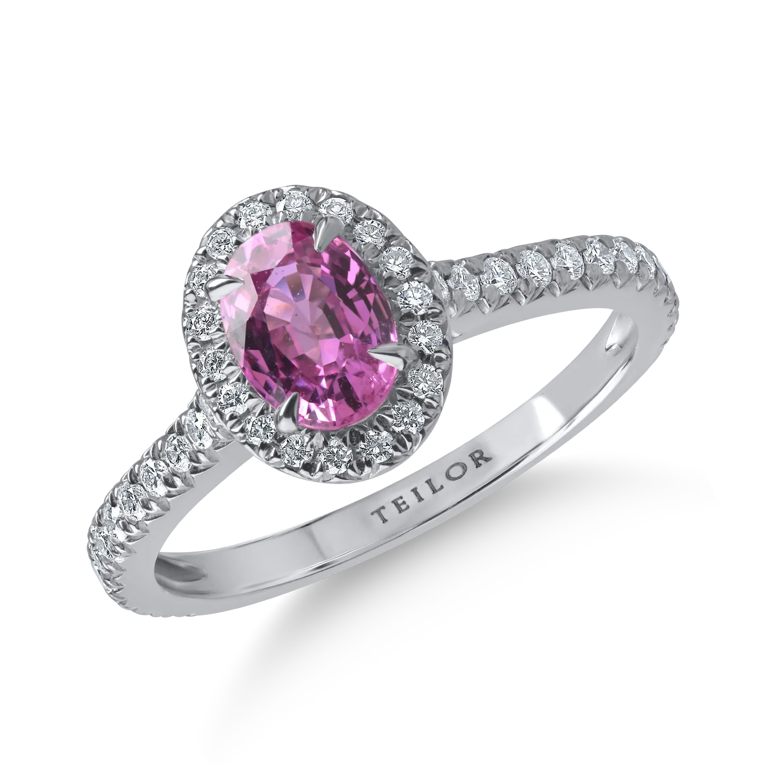 Inel din aur alb cu safir roz oval de 0.93ct si diamante de 0.29ct