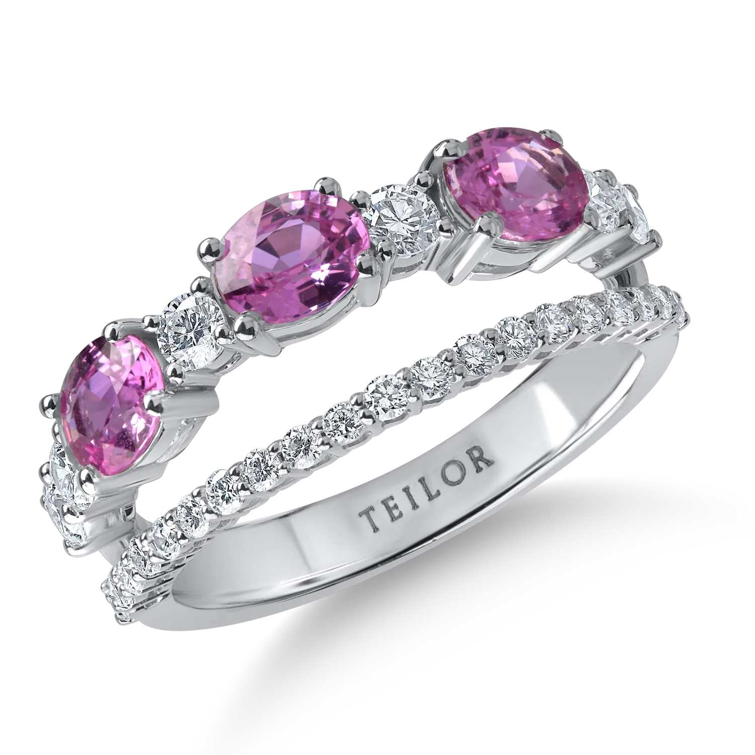 Teilor Inel dublu din aur alb cu safire roz ovale de 1.29ct si diamante de 0.55ct