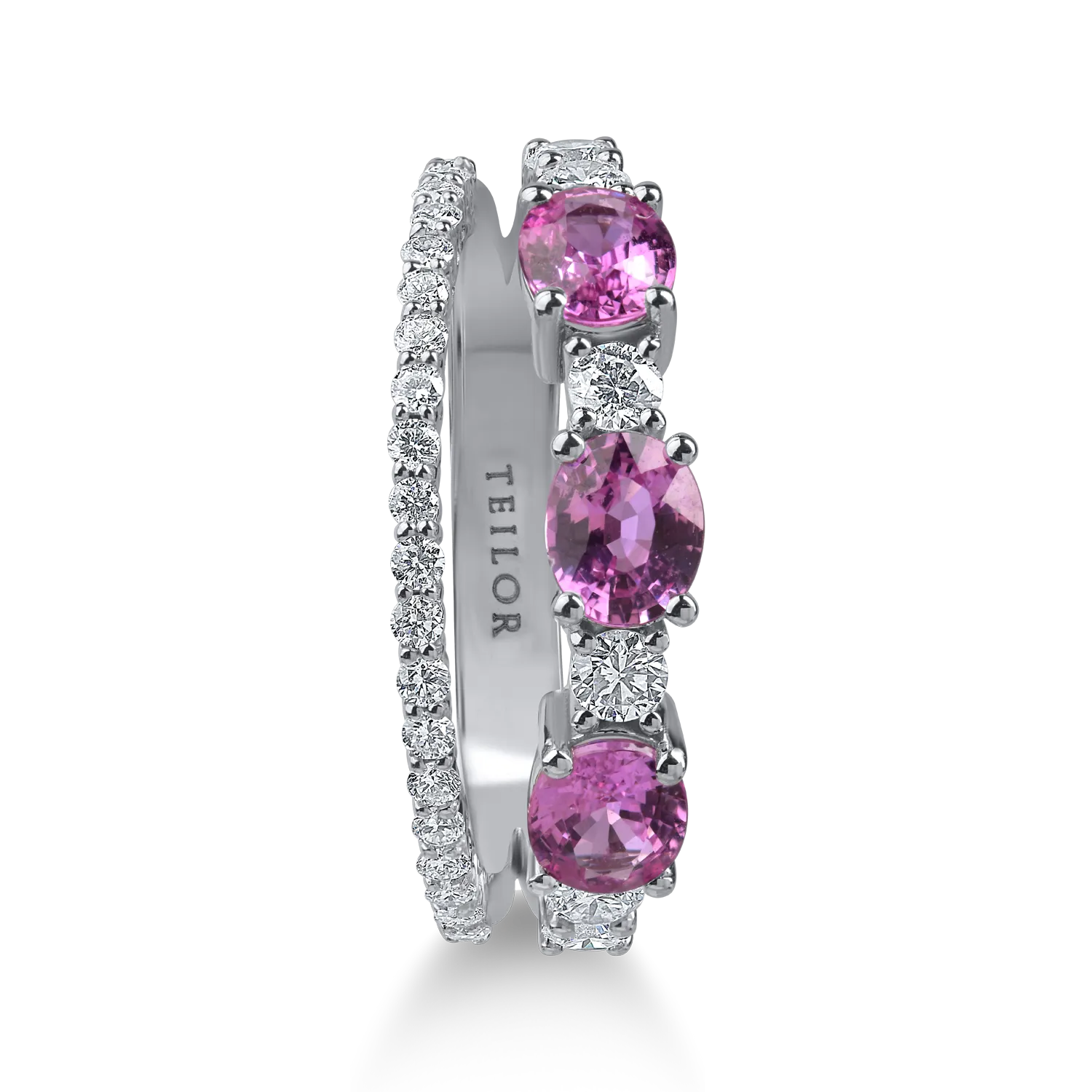 Inel dublu din aur alb cu safire roz ovale de 1.29ct si diamante de 0.55ct - imagine 2