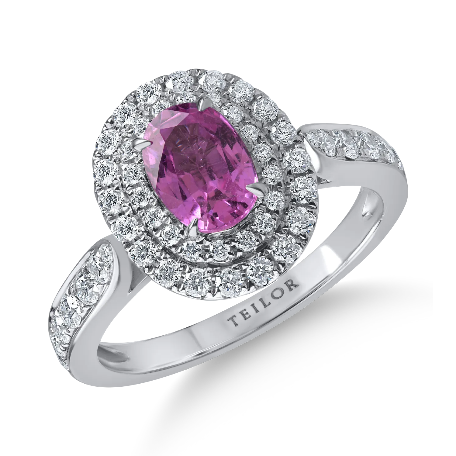 Inel din aur alb cu safir roz oval de 0.13ct si diamante de 0.6ct