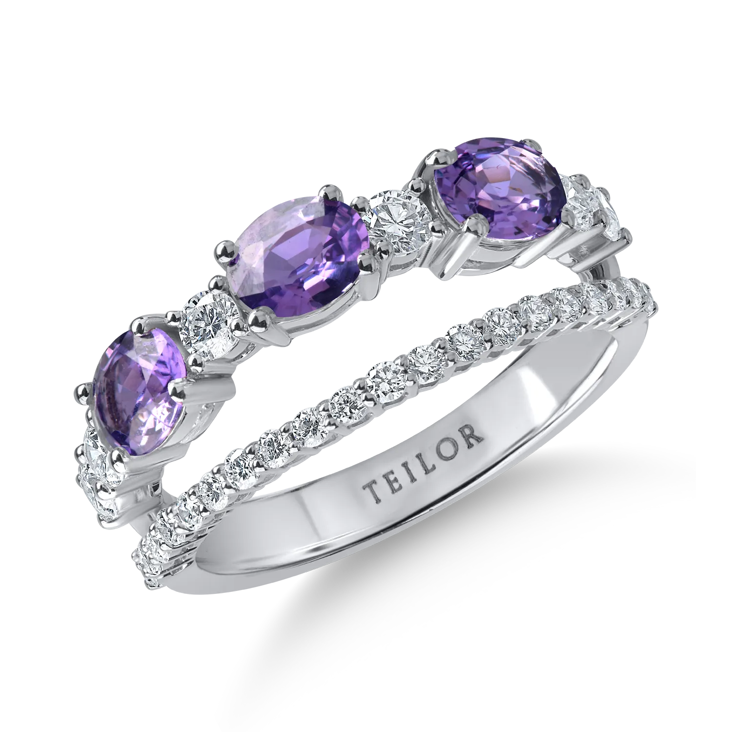 Inel dublu din aur alb cu safire violet ovale de 1.09ct si diamante de 0.47ct