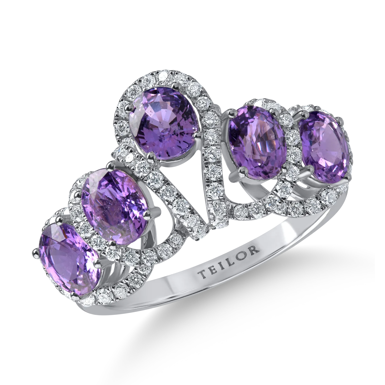 Inel din aur alb cu safire violet ovale de 2.21ct si diamante de 0.35ct
