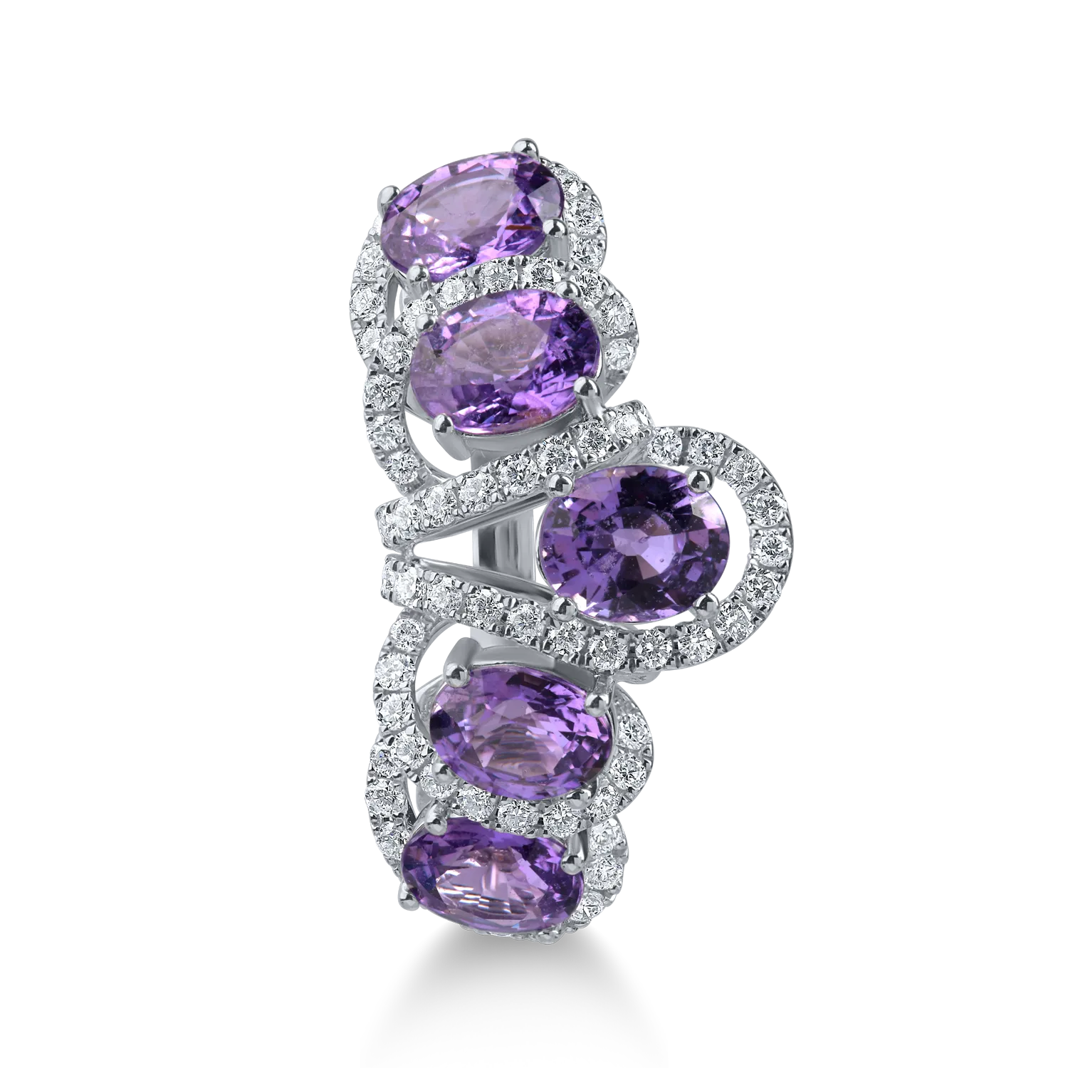 Pierścionek z białego złota z owalnymi fioletowymi szafirami 2.21ct i diamentami 0.35ct