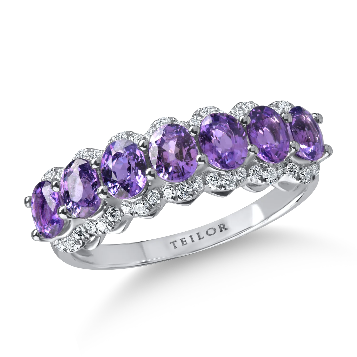 Inel din aur alb cu safire mov ovale de 1.7ct si diamante de 0.19ct