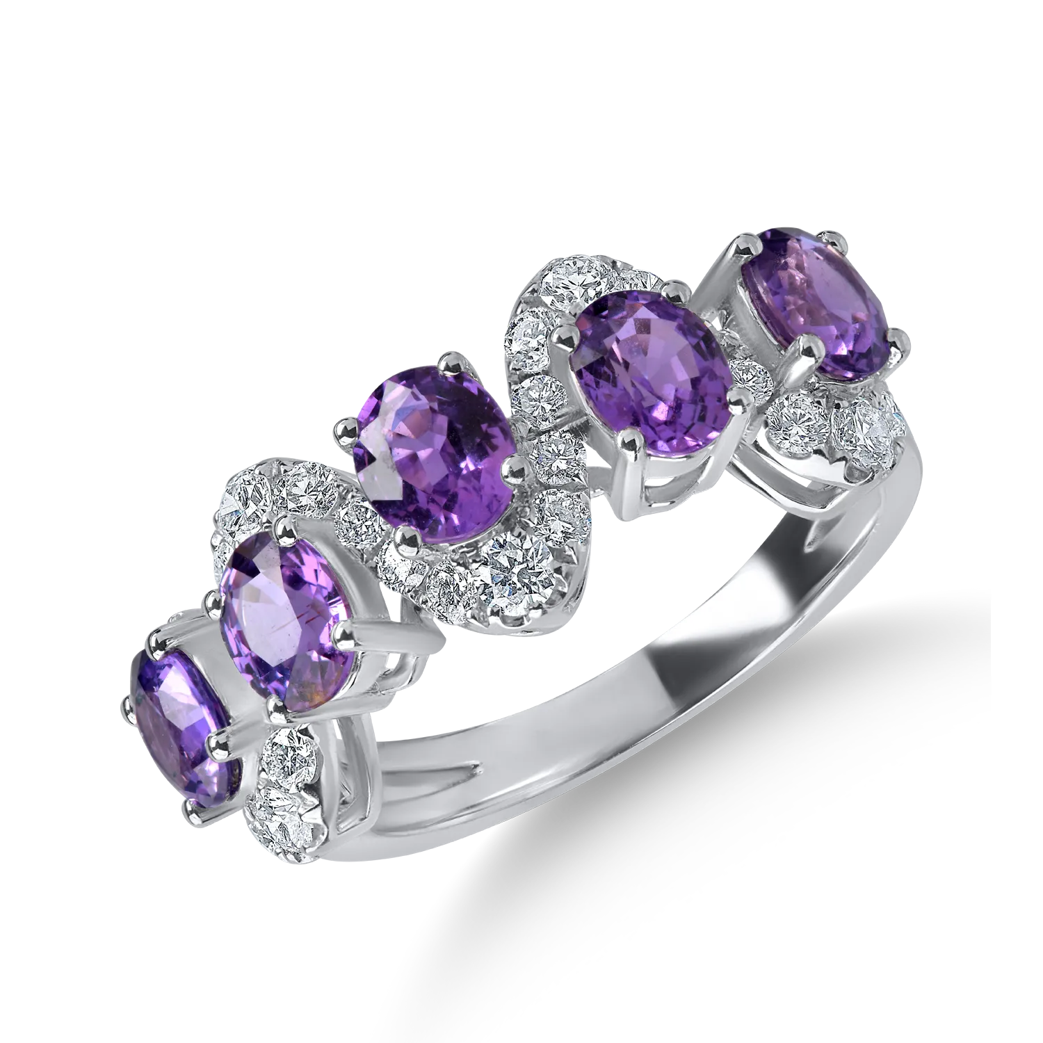 Inel din aur alb cu safire violet ovale de 2.25ct si diamante de 0.64ct