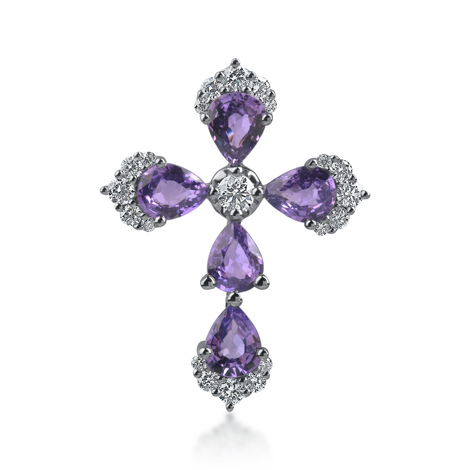 Pandantiv cruce din aur alb cu safire violet para de 1.72ct si diamante de 0.33ct