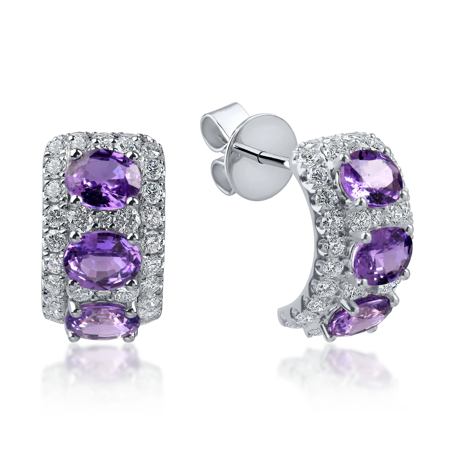 Cercei din aur alb cu safire violet ovale de 2.66ct si diamante de 1.08ct