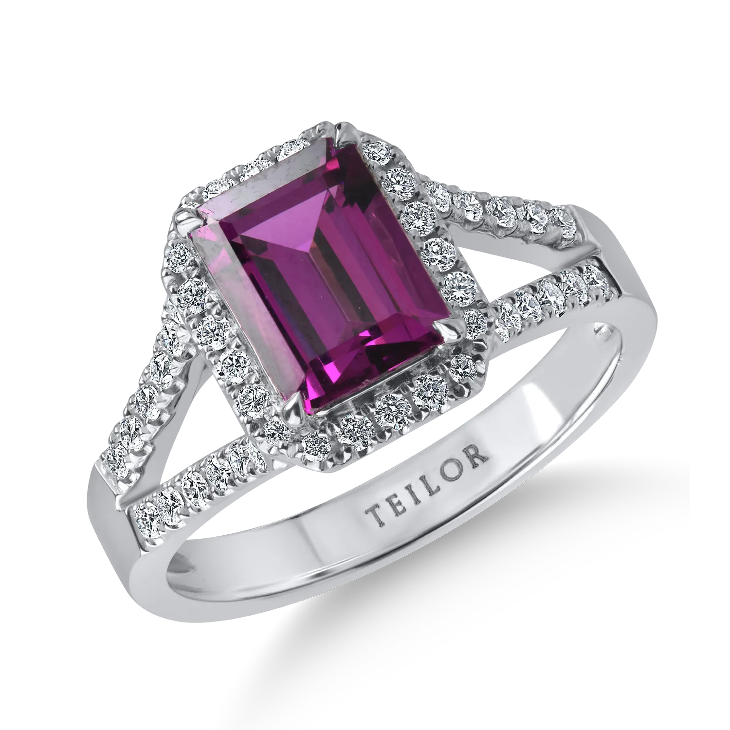 Inel din aur alb cu granat mov octogonal de 1.81ct si diamante de 0.38ct