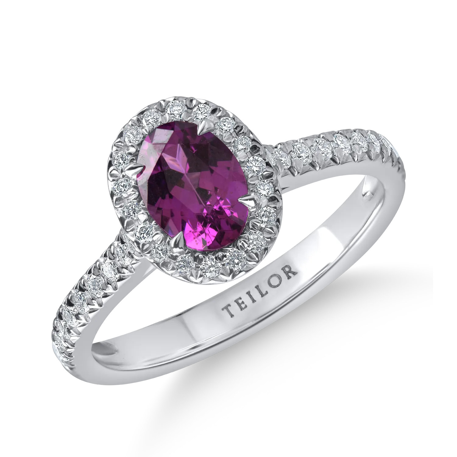 Inel din aur alb cu un granat purple oval de 0.91ct si diamante de 0.31ct