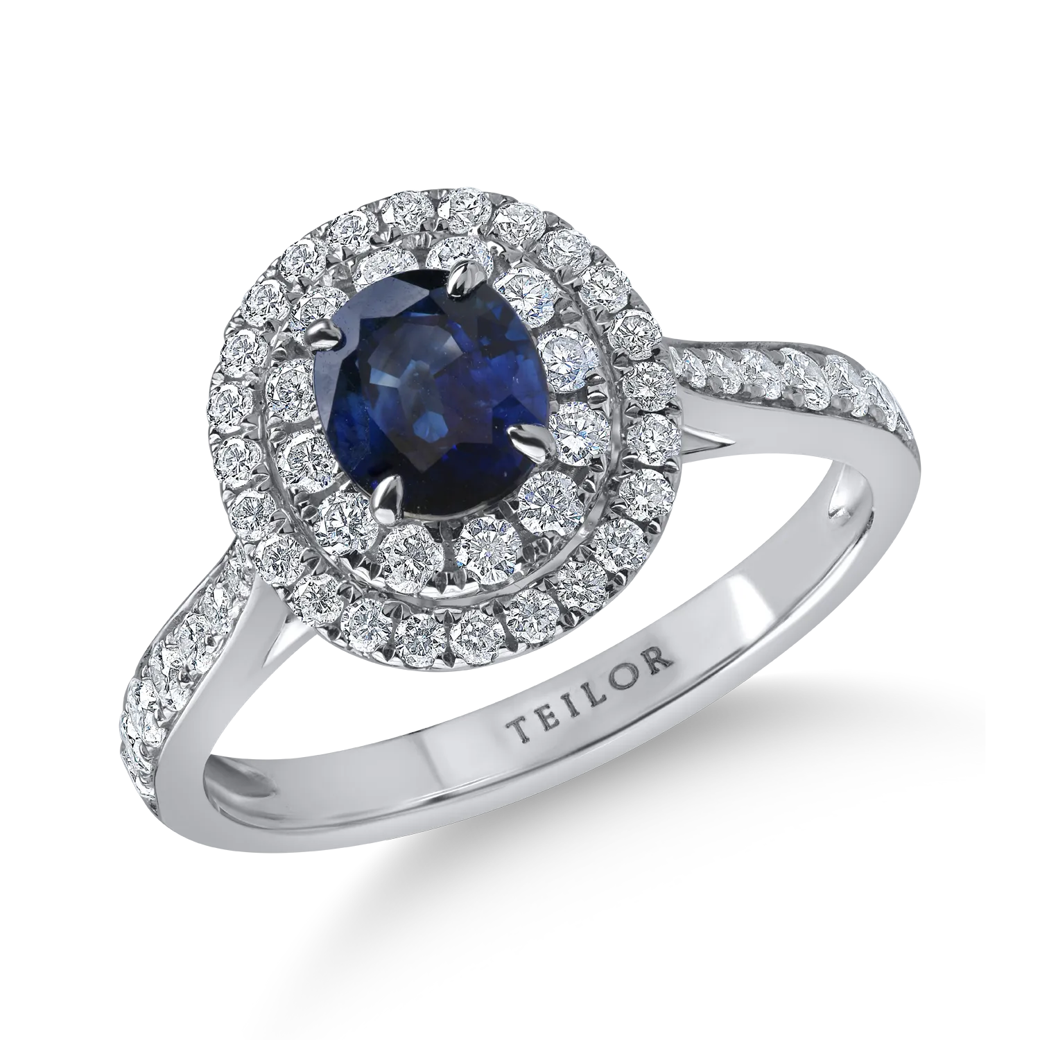 Inel din aur alb cu un safir oval de 0.84ct si diamante de 0.6ct