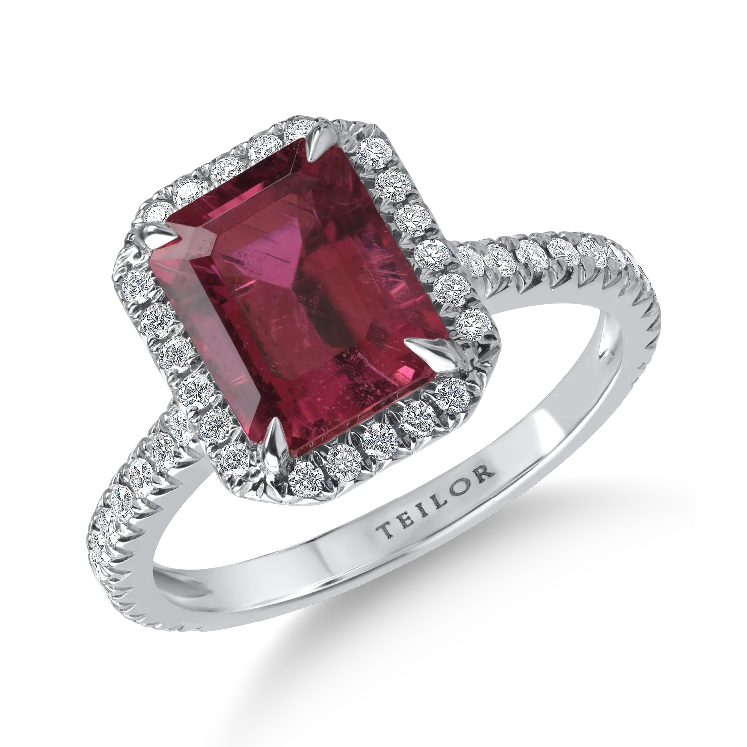 Inel din aur alb cu rubelit octogonal de 2.91ct si diamante de 0.35ct