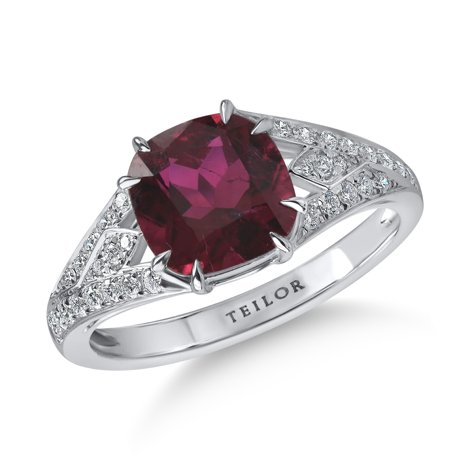 Inel din aur alb cu rubelit cushion de 2.15ct si diamante de 0.35ct