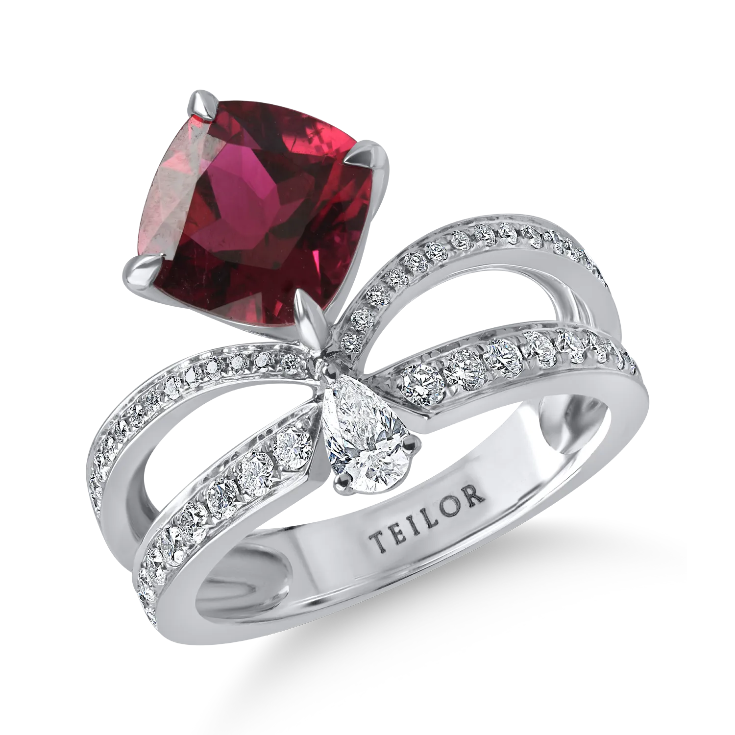 Inel din aur alb cu rubelit cushion de 2.21ct si diamant pear de 0.15ct