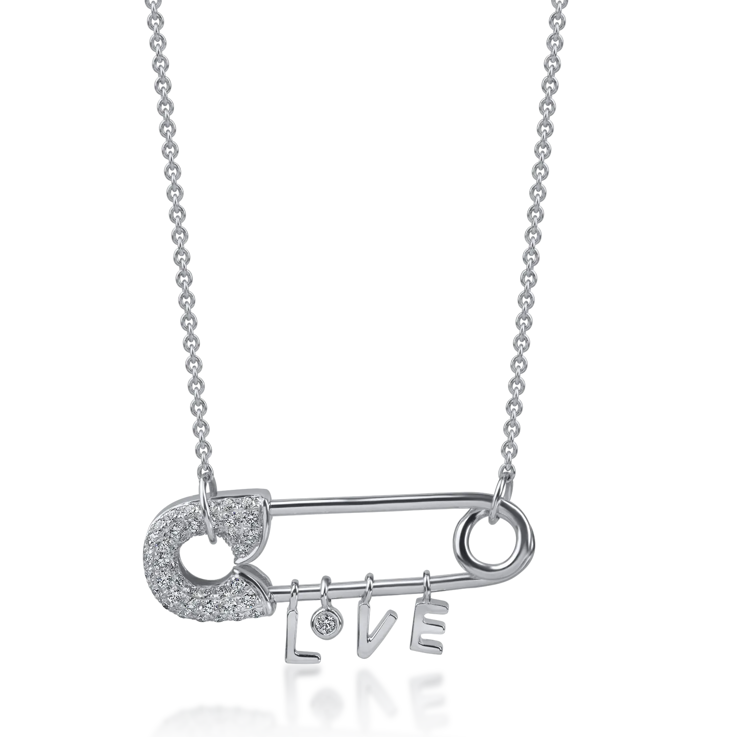 Teilor Lant cu pandantiv ac de siguranta din aur alb cu diamante de 0.3ct