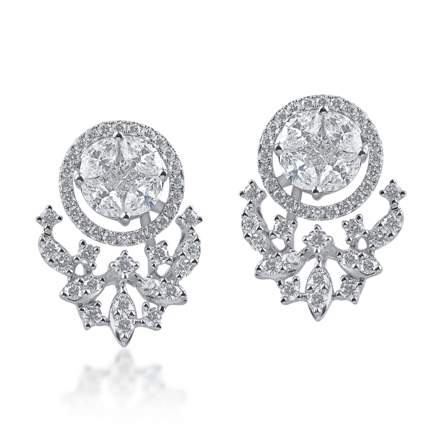 Cercei din aur alb cu diamante princess, marquise si rotunde de 2.8ct