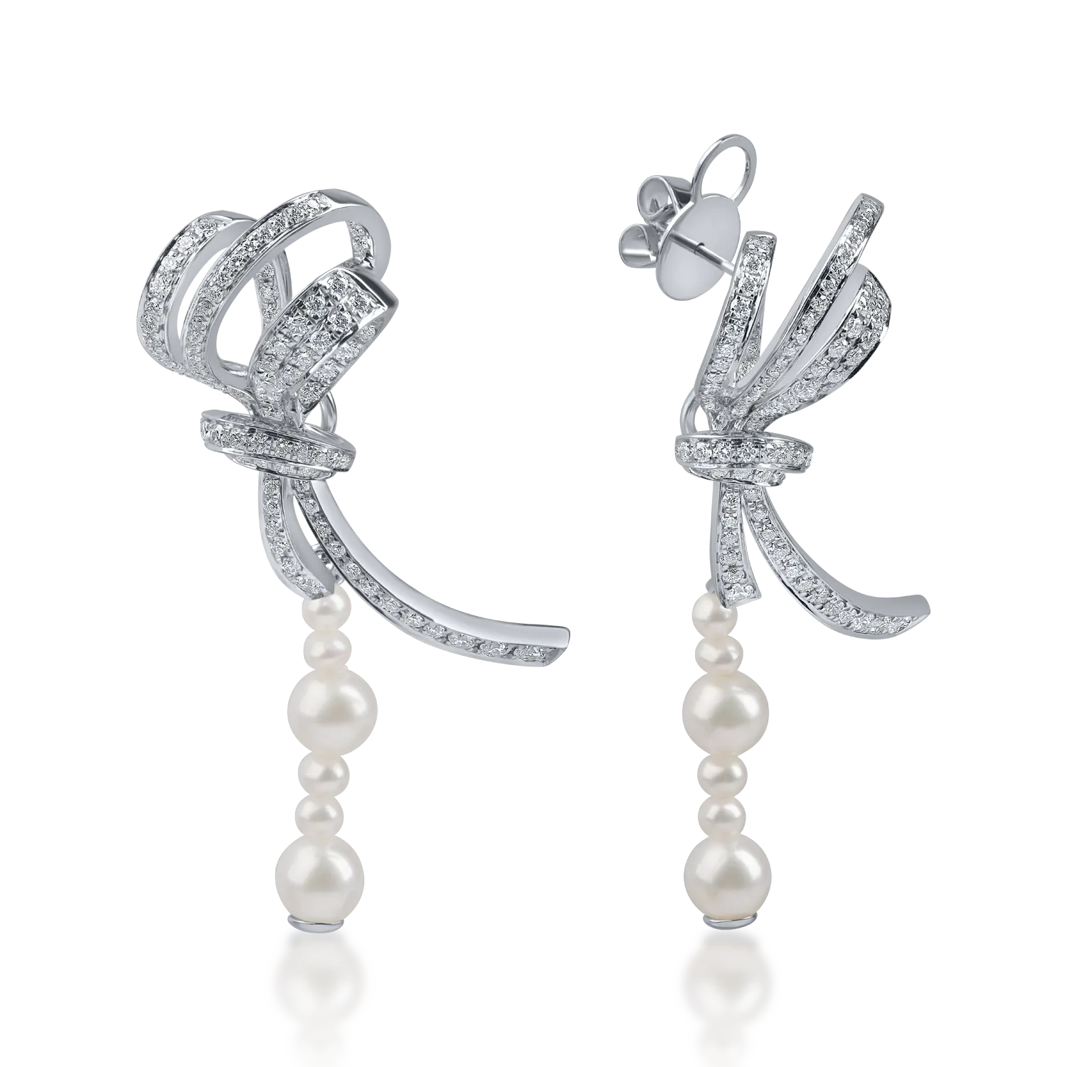 Cercei din aur alb cu perle de cultura si diamante de 0.13ct