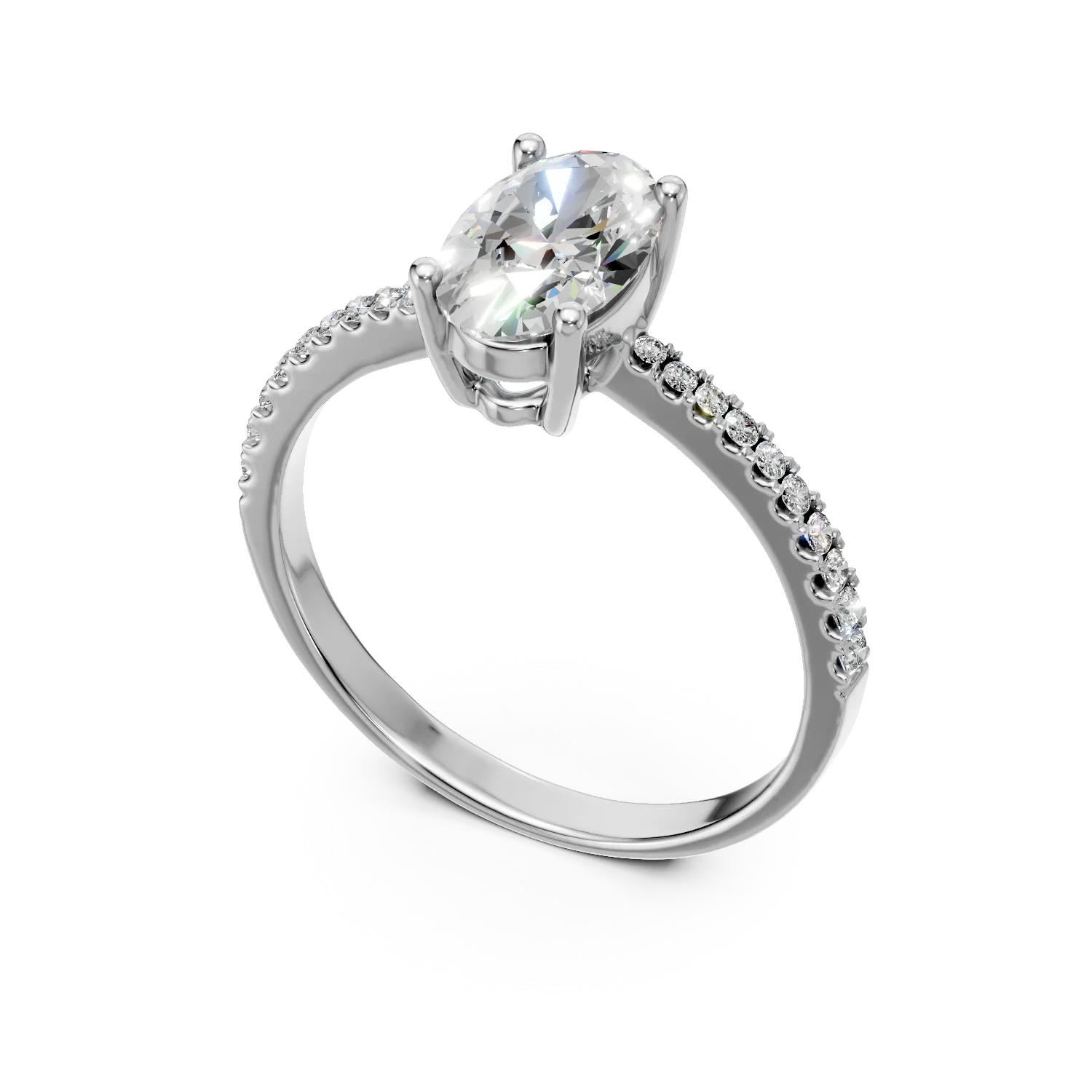 Pierścionek zaręczynowy z białego złota z centralnym owalnym diamentem 0.9ct i diamentami 0.16ct
