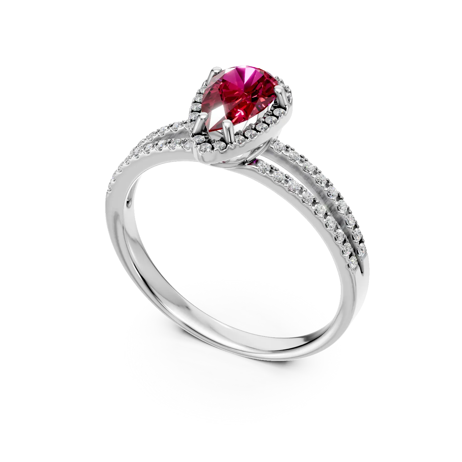 Inel din aur alb cu un rubin taietura pear de 1.05ct si diamante de 0.3ct