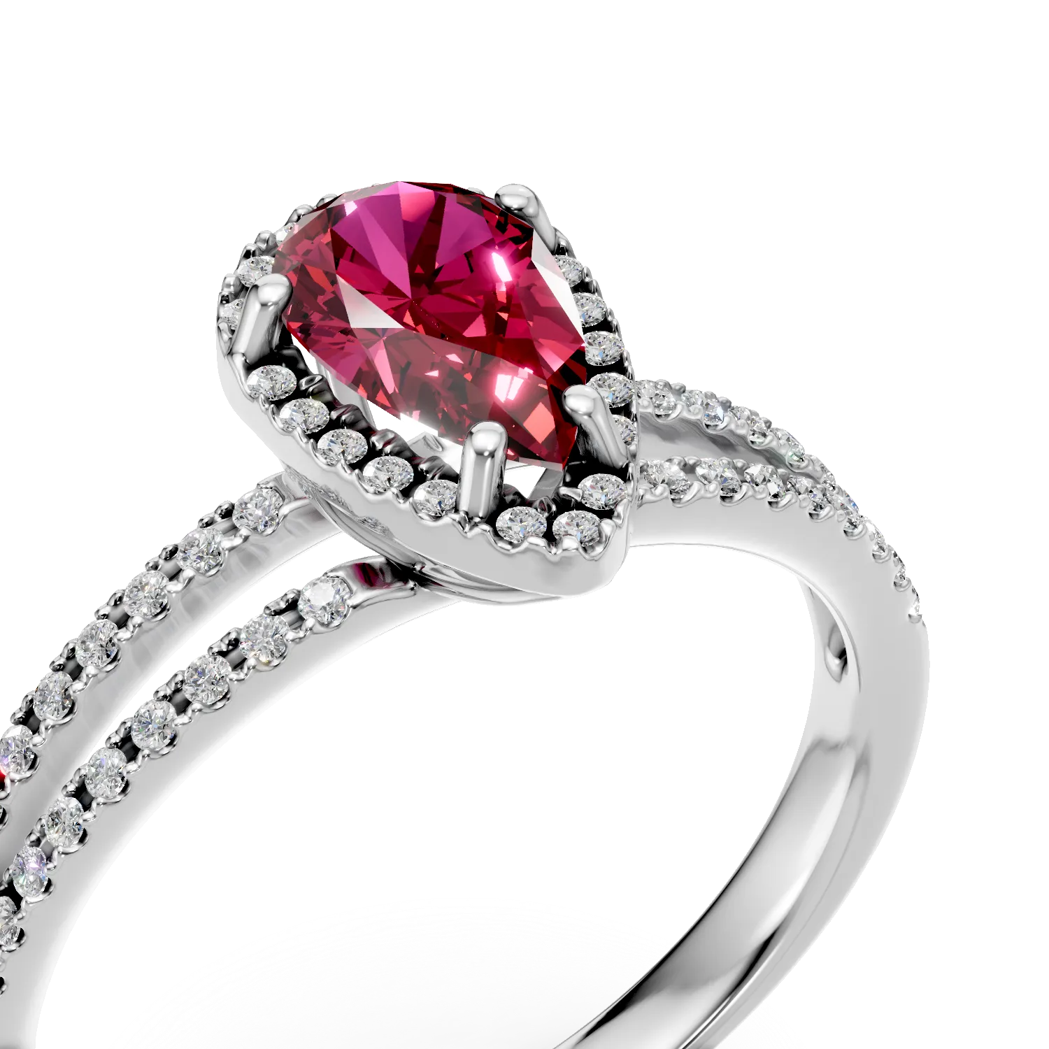 Inel din aur alb cu un rubin taietura pear de 1.05ct si diamante de 0.3ct