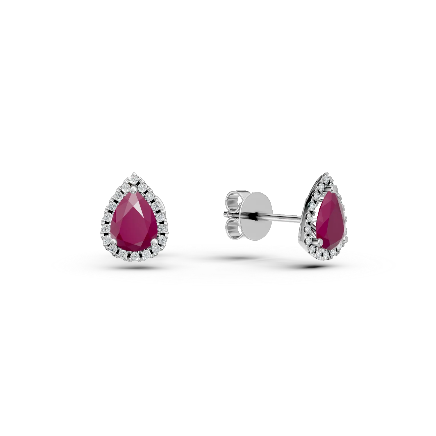 White gold earrings with pear-cut rubies 1.37ct and diamonds 0.15ct