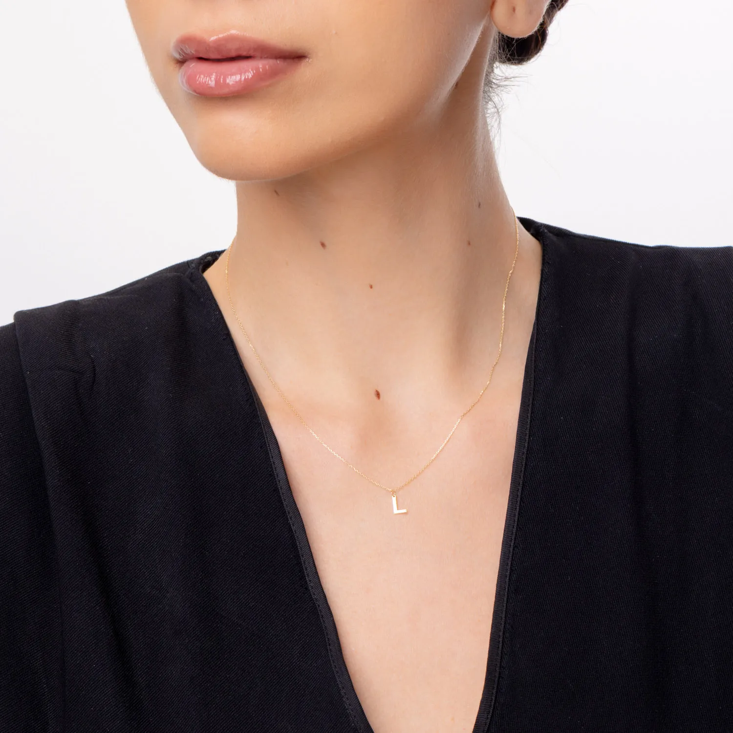 Yellow gold L initial pendant necklace with 0.005ct diamond