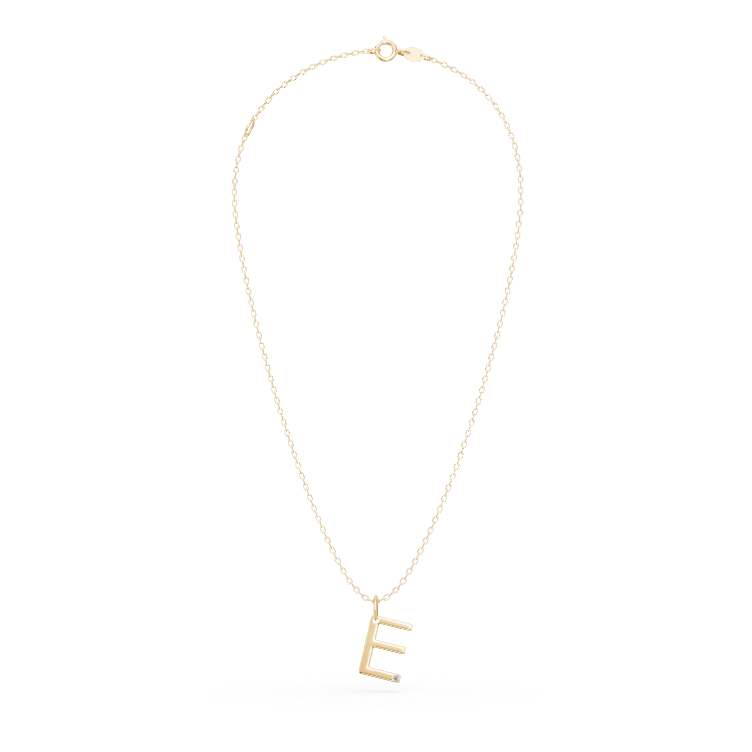 Yellow gold E initial pendant necklace with 0.005ct diamond
