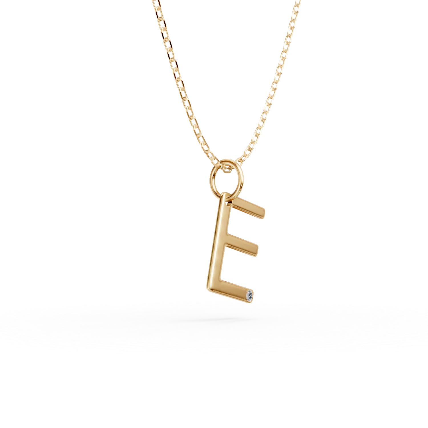 Yellow gold E initial pendant necklace with 0.005ct diamond