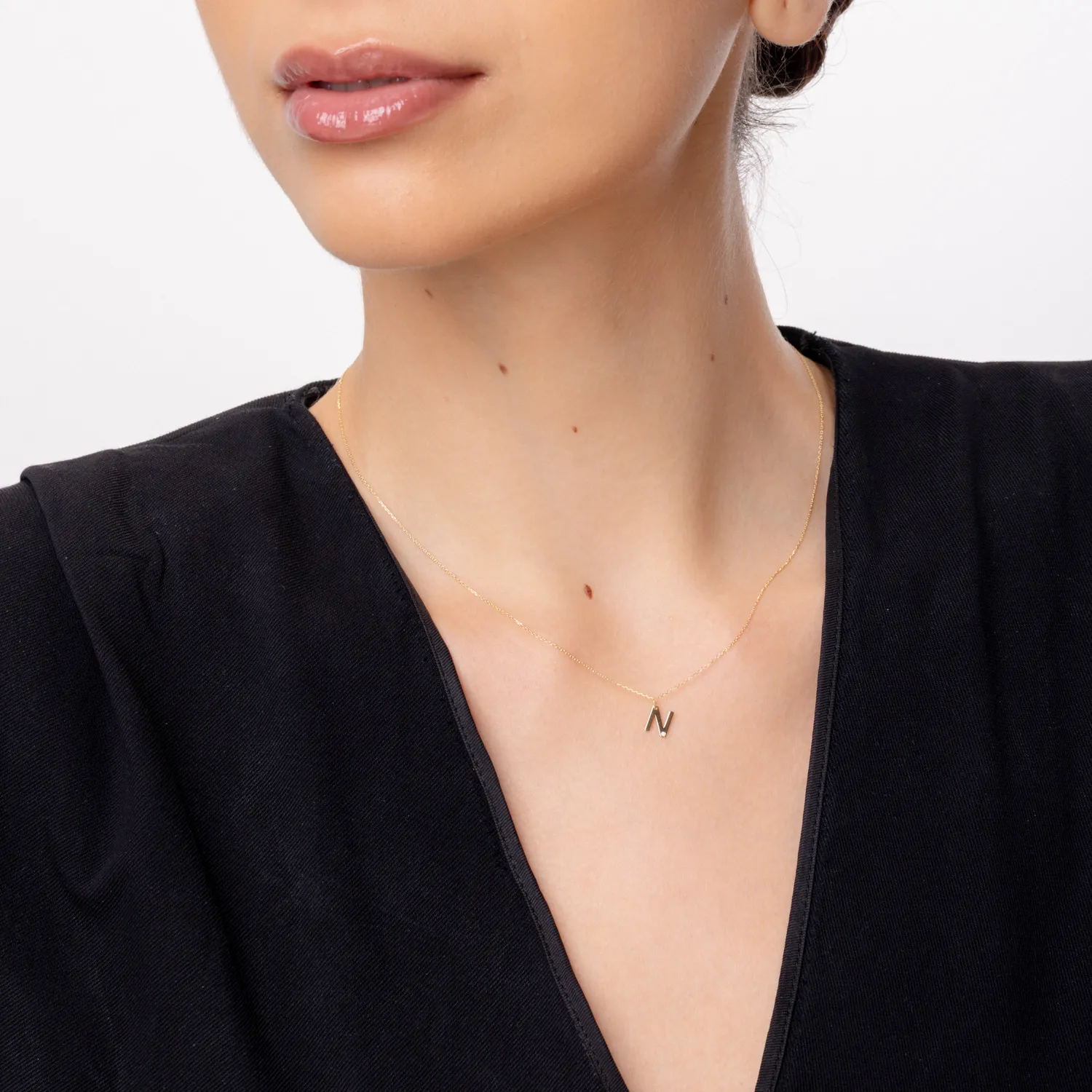 Yellow gold N initial pendant necklace with 0.005ct diamond