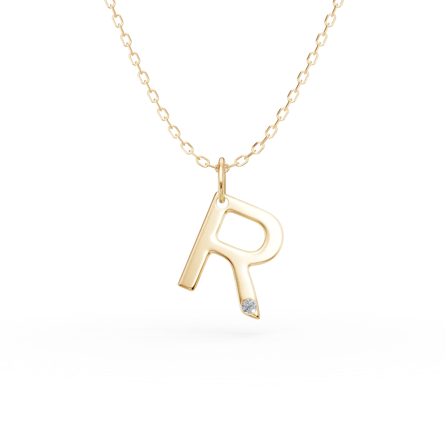 Teilor Lant cu pandantiv initiala R din aur galben cu diamant de 0.005ct