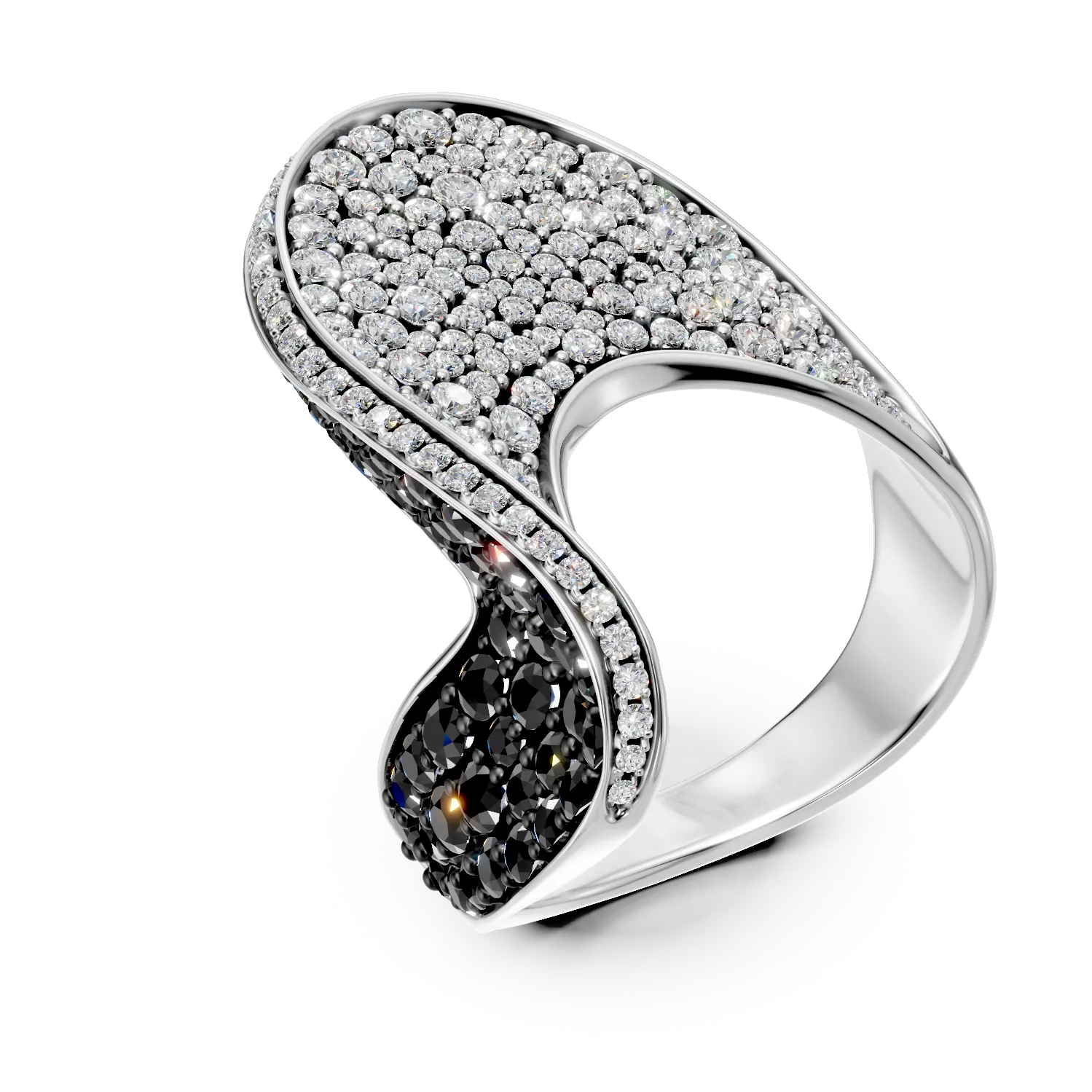 Pierścionek z białego złota z czarnymi i przezroczystymi diamentami o masie 2.9ct
