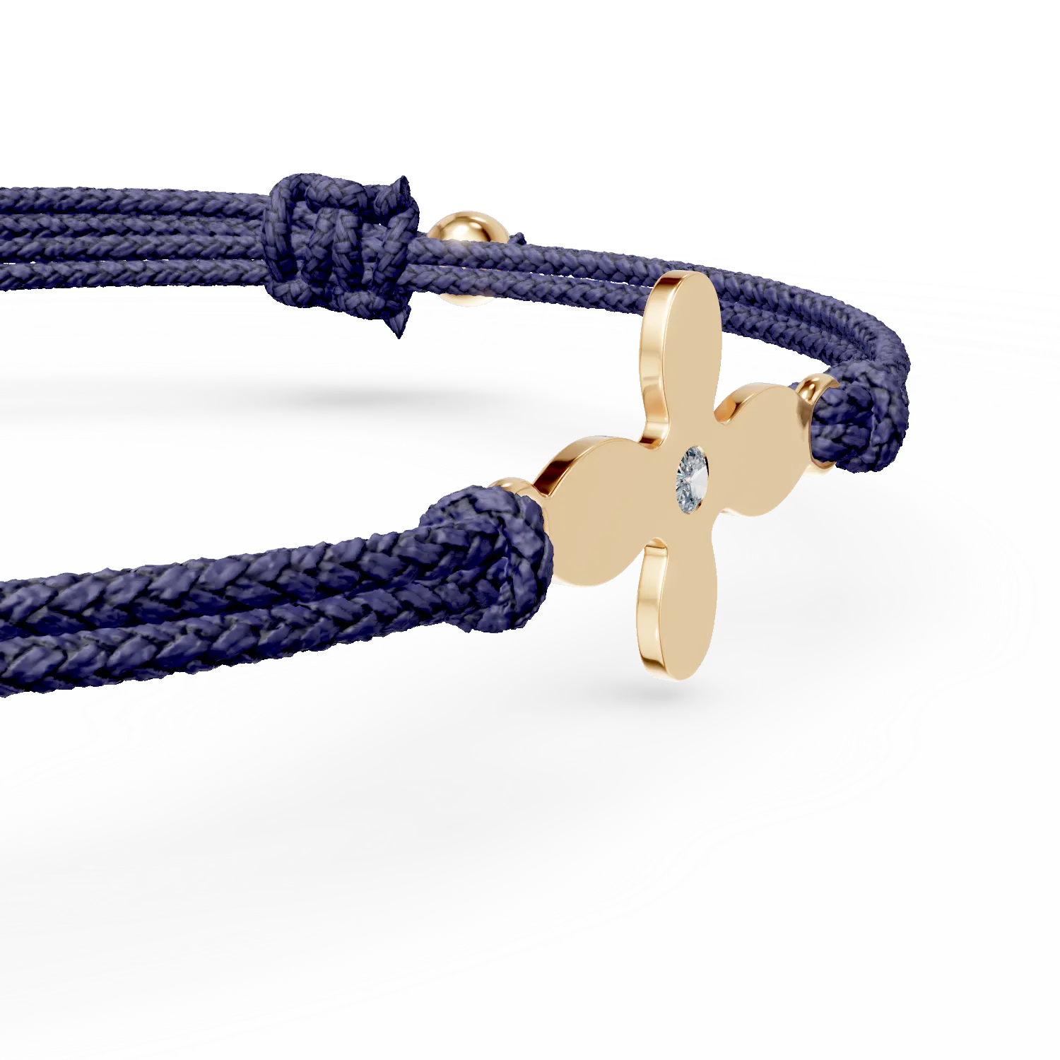 Yellow gold bracelet with blue cord, cross pendant and diamond of 0.005ct
