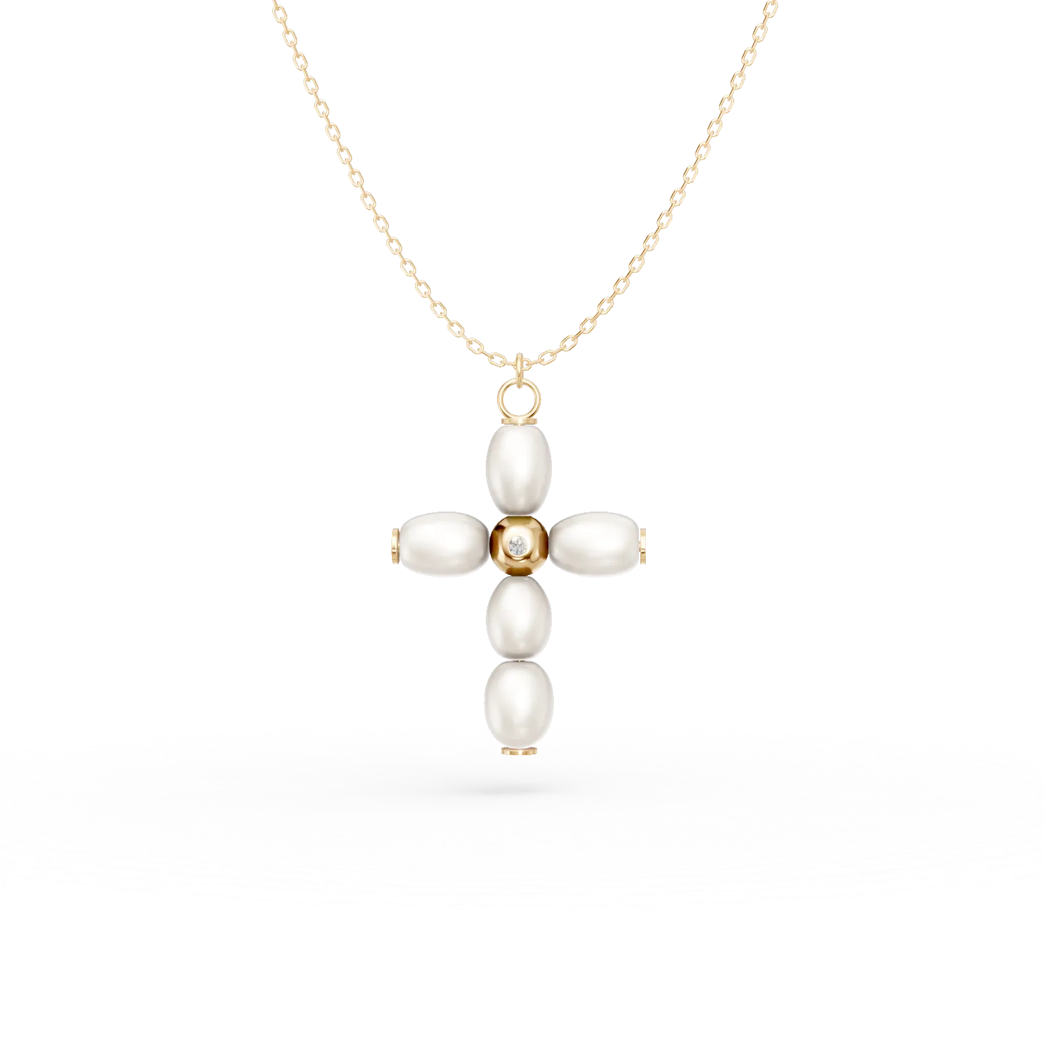Lant cu pandantiv cruce din aur galben cu diamant de 0.005ct si perle de cultura