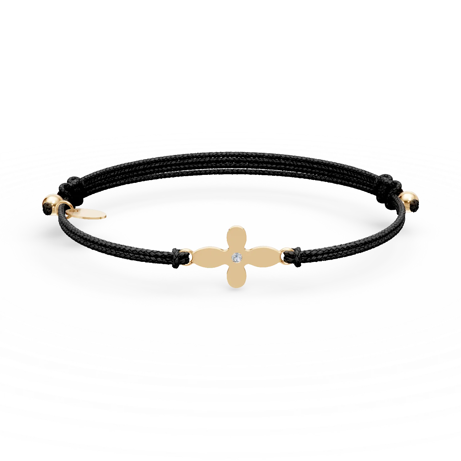 Yellow gold bracelet with black cord, cross pendant and diamond of 0.005ct-202292