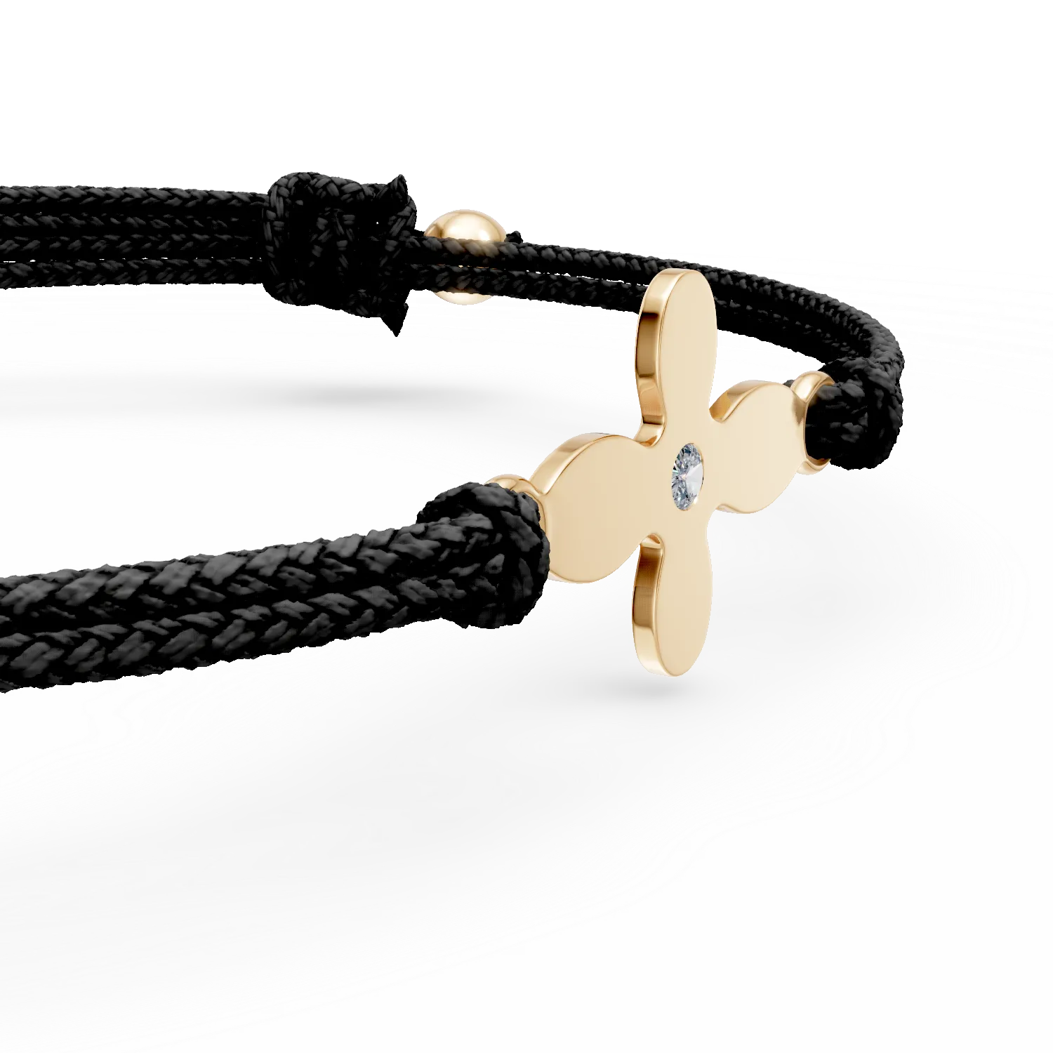 Yellow gold bracelet with black cord, cross pendant and diamond of 0.005ct