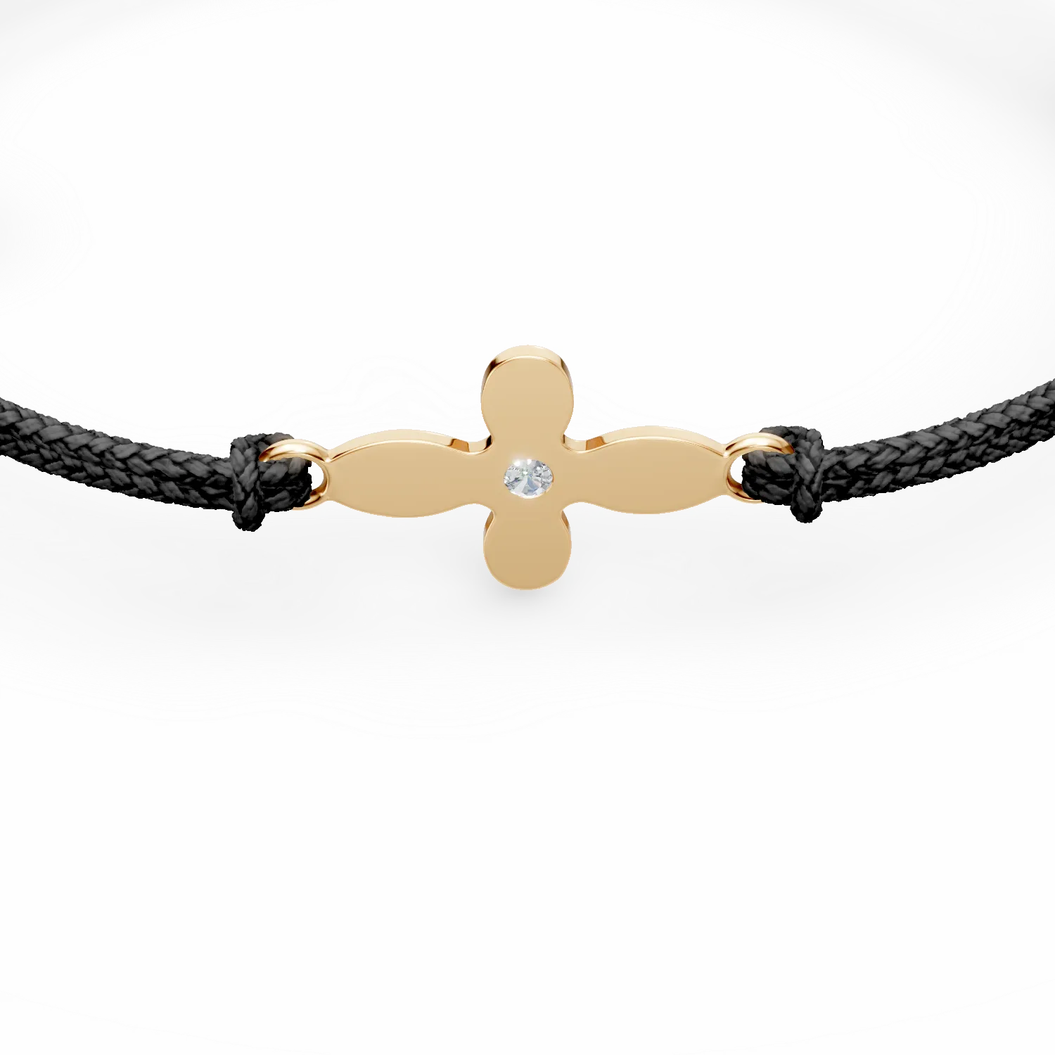 Yellow gold bracelet with black cord, cross pendant and diamond of 0.005ct