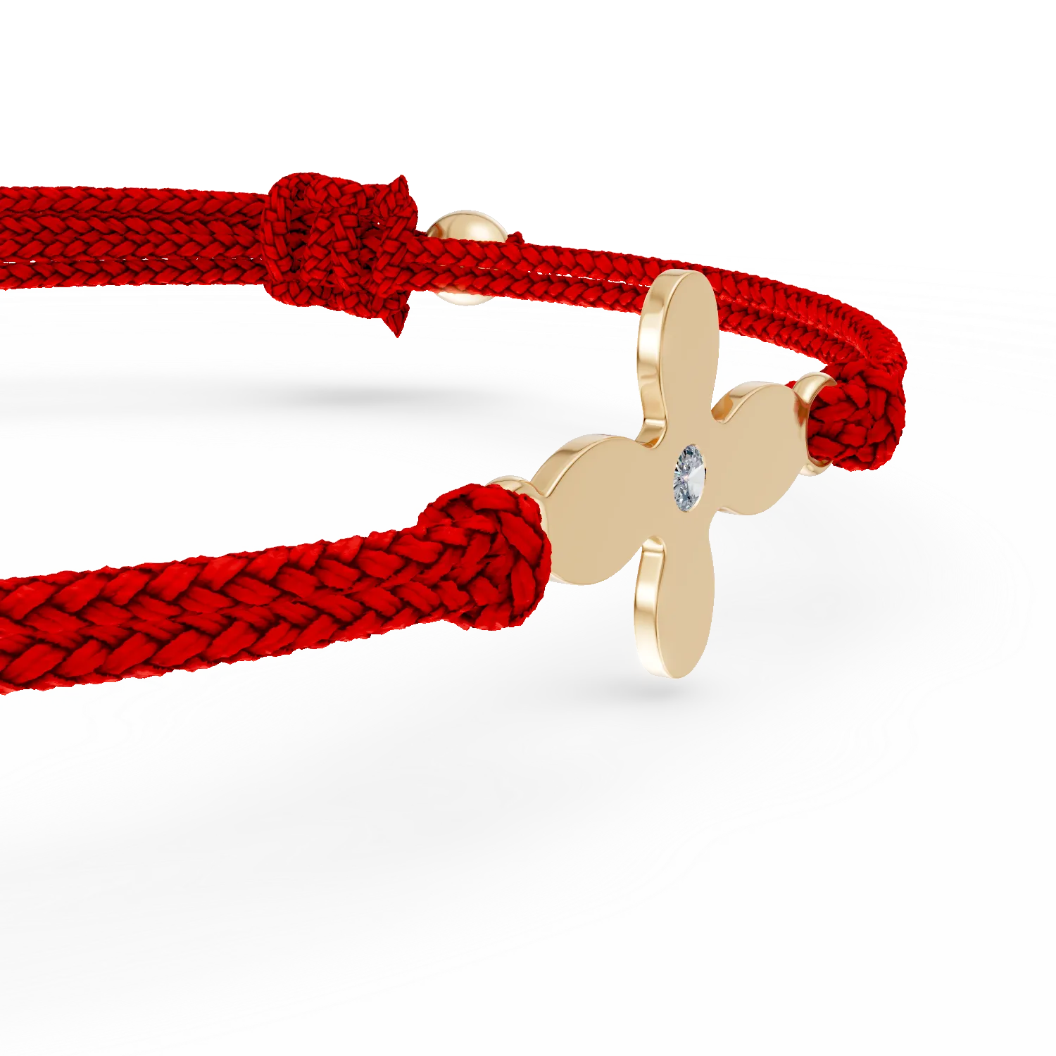 Yellow gold bracelet with red cord, cross pendant and diamond of 0.005ct