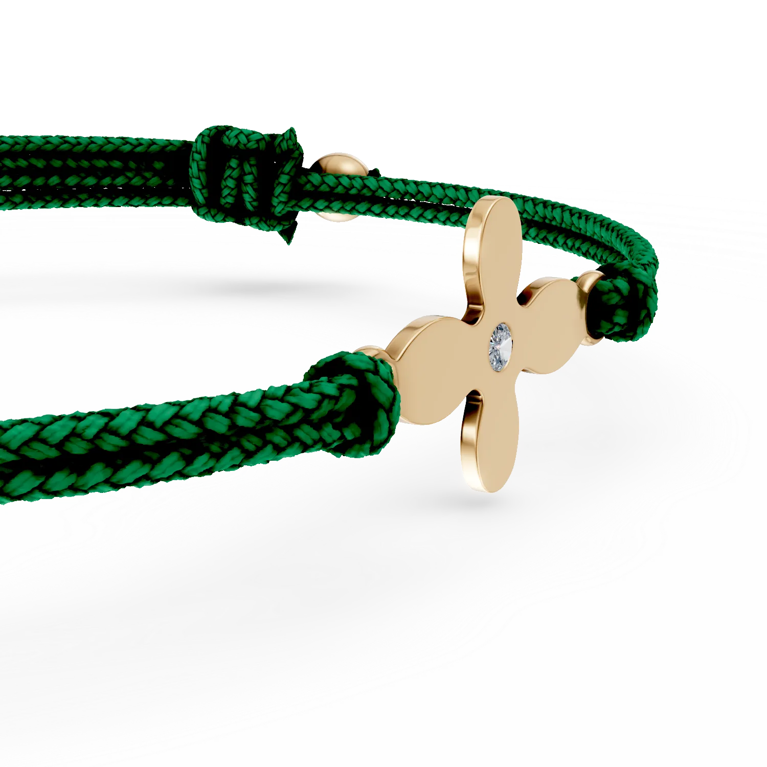 Yellow gold bracelet with green cord, cross pendant and diamond of 0.005ct