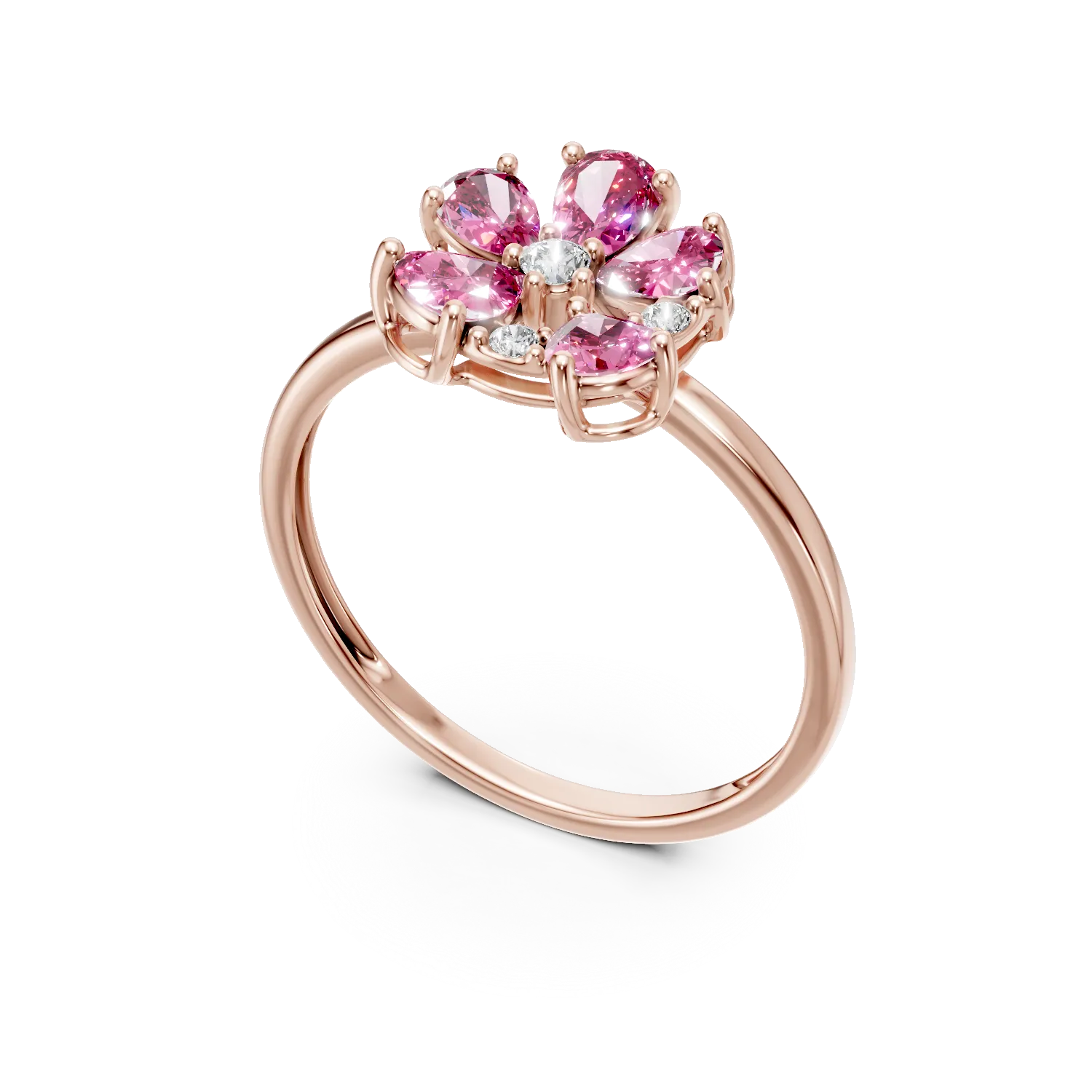 Rose gold floral ring with 0.76ct pear-cut pink sapphires and 0.04ct diamonds